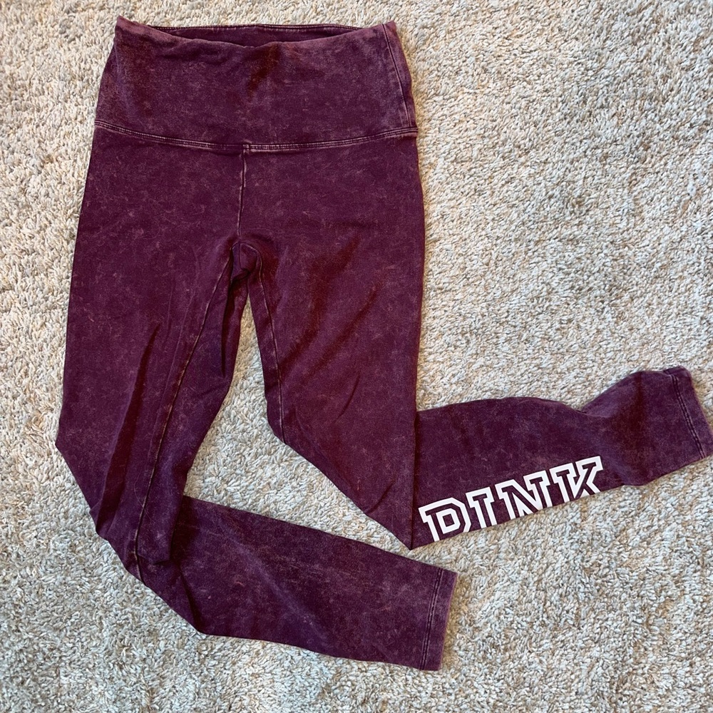 PINK Victoria's Secret Maroon Acid-Wash Leggings with Logo